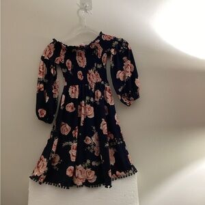 Kiss Blue Sundress with Ruffled Neckline and 3/4 Bishop Sleeves